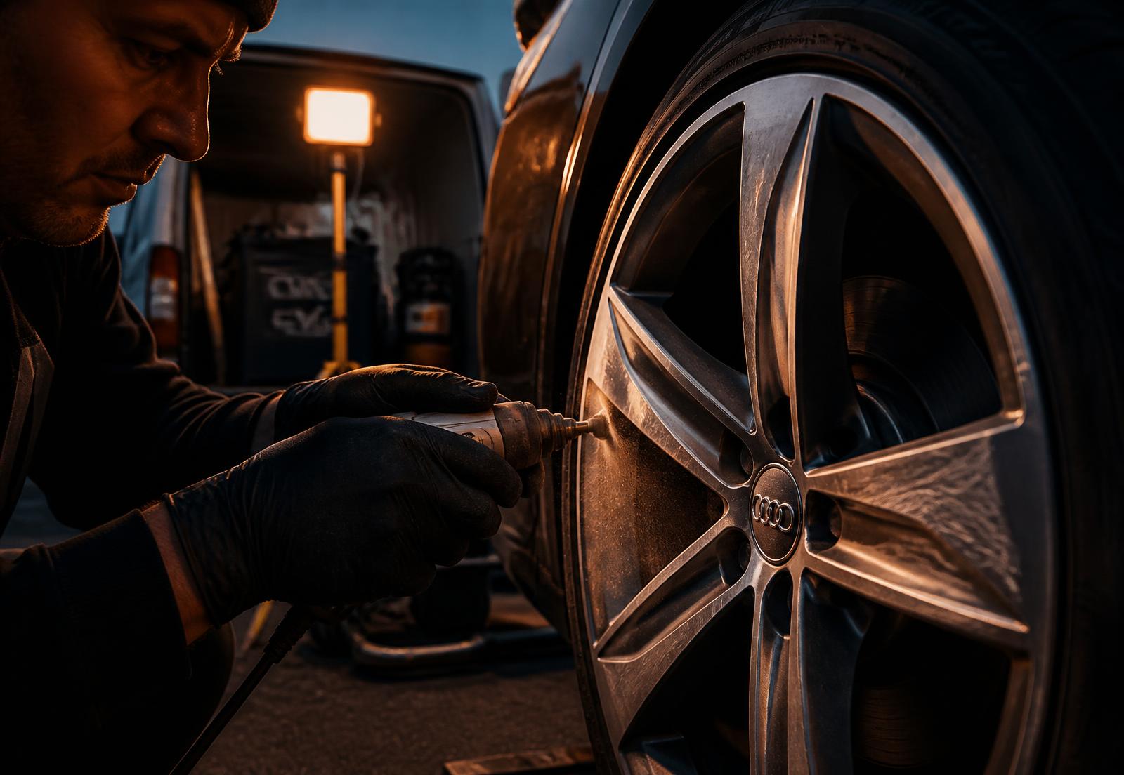 Technician refinishing a curb-rashed alloy wheel with a mobile repair setup at dusk